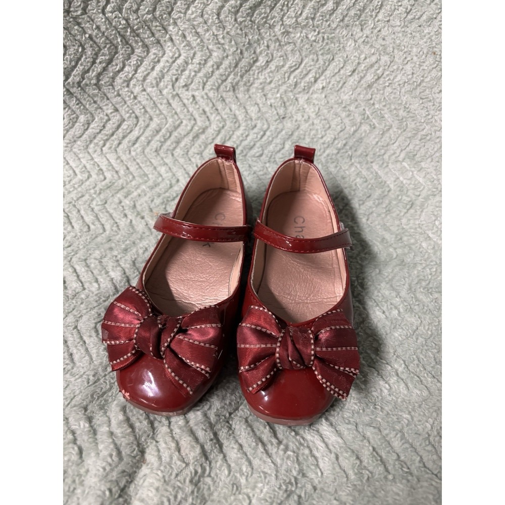 Chalk Girls Red Patent Leather Mary Jane Flats Bow Hook & Loop US 11 EU 28